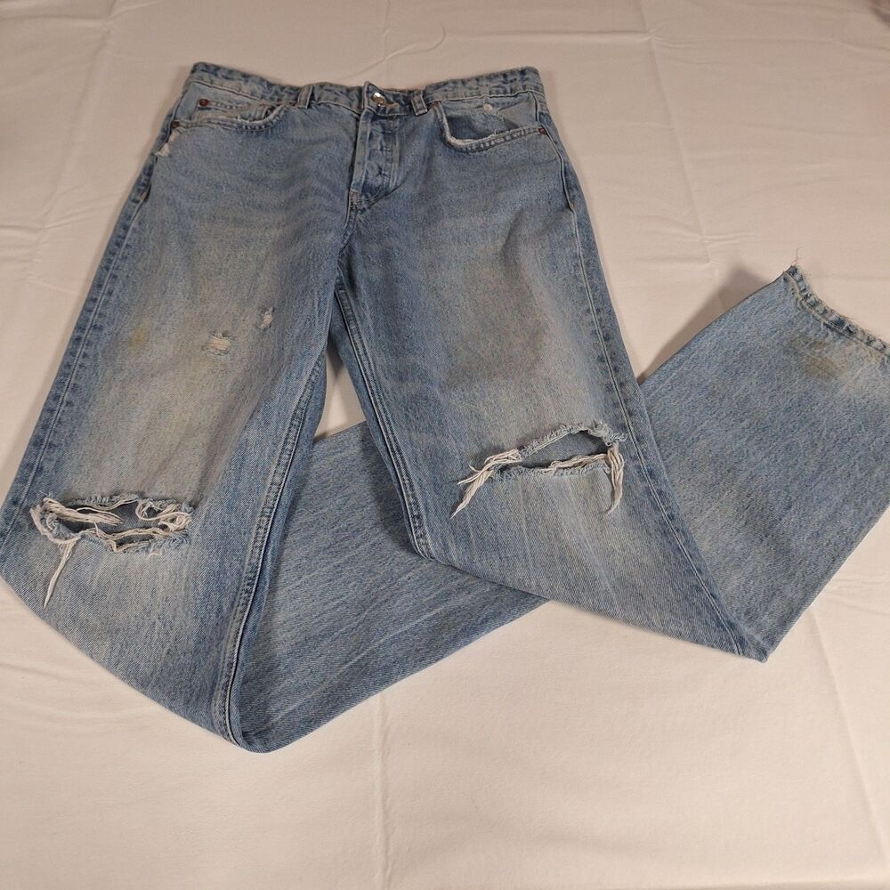 Zara Light Acid Wash Distressed High Rise Straight Leg Jeans Button Fly Size 8 - Picture 13 of 15